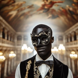 A blurred, artistic portrait of a Black man with a pearl masquer...