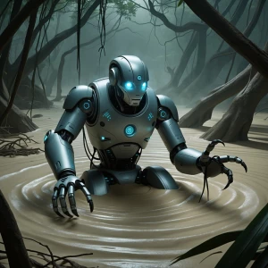 Create an image of a futuristic robot trapped in quicksand, stru...