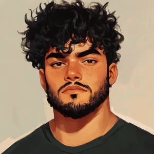 Cute man with black curly hair, short hair, thick eyebrows and a...