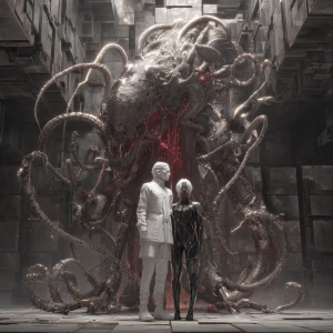 Photorealistic lucid nightmare Grimdark horror fantasy. A white...