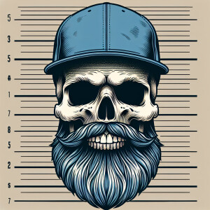 Skull with greybeard, blue baseball cap in a mugshot in an old s...