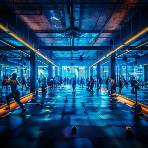 prompt: A modern gym filled with people lifting weights, perform...