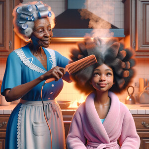 Create a realistic 3-D image of an african-American grandmother wearing a blue house dress and a white apron . She is in the kitchen with her african-American granddaughter. Her granddaughter is wearing a pink bath robe. The grandmother has a hot comb in her hand and she is straightening her granddaughters hair. One side of her granddaughters hair is in  a Afro the other straight 
There is smoke coming from the hot comb
The granddaughter is making a face