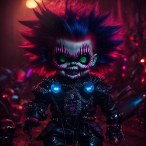vividly detailed kawaii style demonic chucky with half skull fac...