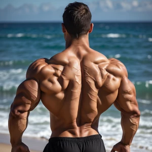 Create an image of a muscular male athlete posing shirtless on a...