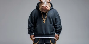 Man with hippopotamus features dressed in hip-hop style clothing...