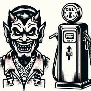 A cartoonish evil devil in a mechanics jumpsuit, standing next t...