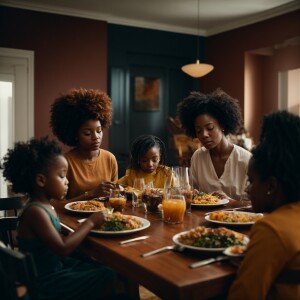 Black Family Having Dinner at Dining Room table with sons 2 daug...