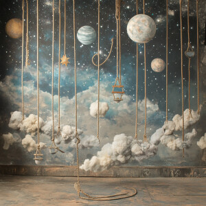 A set design featuring clouds and stars and planets. You can see...