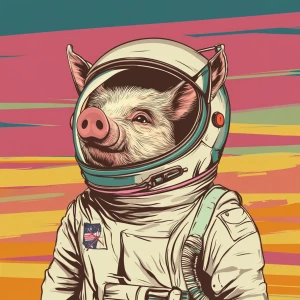 Cute cartoon pig with CAT face in vintage white spacesuit and NA...