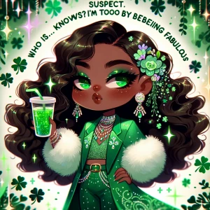 A chibi-style melanin rich skin tone African American character with a glammed-up look. The character is holding a cup of green liquid and shrugging. The quote says, "Suspect: Love is... who knows? I'm too busy being fabulous." The character has long, shiny hair styled in soft waves and is dressed in an ultra-glam green outfit with clovers, rhinestones, and sparkles. The character's face has a defined nose and full lips. The background features a festive touch with glitter, shamrocks, and soft glowing lights, creating a chic and vibrant vibe.