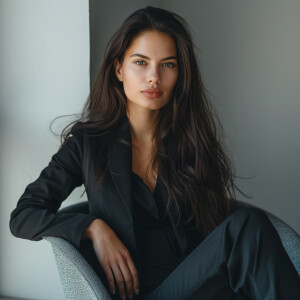 Fair-skinned woman with dark long hair, elegant and composed, si...