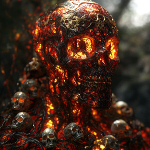 An extraterrestrial being with a crimson, golden, and obsidian-c...