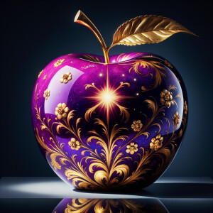 Envision a lustrous, oversized apple with a surface that gleams in a radiant shade of purple, as if lacquered to a high shine, reflecting light from its smooth, curvaceous form. The apple is adorned with elegant gold leaf patterns that swirl luxuriously around its contour, bringing a baroque opulence to its appearance. The stem, a bronzed sculpture in itself, supports a single leaf that seems to glow with an inner luminescence. At the apple’s base, a collection of flowers blooms, their petals softening the scene with organic shapes and colors that harmonize with the vibrant purple and gold. Incorporated into the metallic filigree in an artful script is the name "Karen," as if the apple were personally inscribed, enhancing the custom and bespoke quality of the piece.