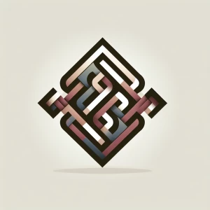 A modern, geometric design combining interlocking squares and triangles, forming a unique emblem with subtle gradients and shadow effects