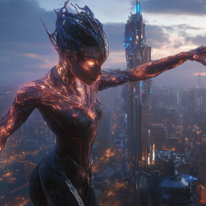 A towering alien sorceress, covered in intricate glowing tattoos...