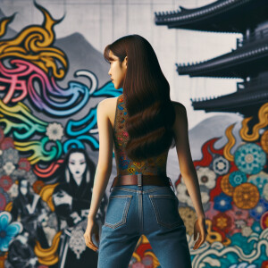 Attractive, Asian teenage girl, long brown hair and bangs, wearing tight skinny jeans and a halter top paint marks on her clothing, backside view heroic pose Asian graffiti