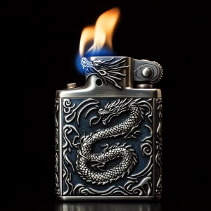 Photorealistic image of an antique silver lighter. The flame, bu...