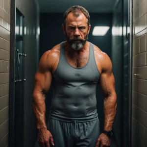 The coach in the locker room showers after practice alone showin...