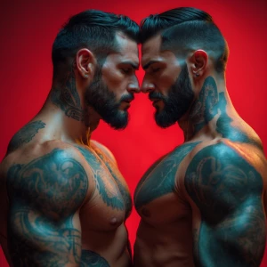 Two rugged, masculine men standing closely together in an intima...