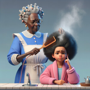 Create a realistic 3-D image of an african-American grandmother wearing a blue house dress and a white apron . She is in the kitchen with her african-American granddaughter. Her granddaughter is wearing a pink bath robe. The grandmother has a hot comb in her hand and she is straightening her granddaughters hair. One side of her granddaughters hair is in  a Afro the other straight 
There is smoke coming from the hot comb
The granddaughter is making a face