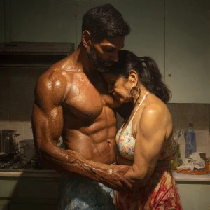 Hyperrealism painting.a muscular sweaty indian man standing be...
