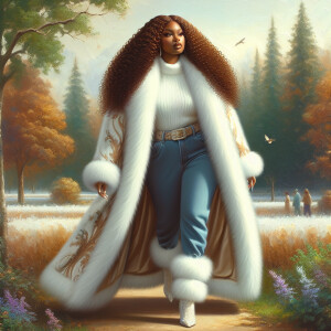 Craft a 4K glossy oil painting portraying a regal, plus-size Afr...
