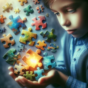"Illustrate a young child gently holding a diverse group of puzz...