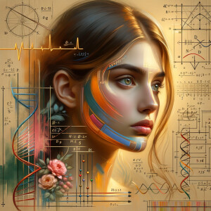 Abstract, minimalist, painting, with pencil line, paint stroke, gestures, colorful marks, mathematical equations, electrical cardiogram, printouts complex math formulas, dna asian teen girl