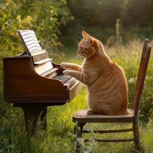 An orange tabby cat playing a piano improvised from household it...