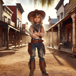 A blonde haired girl with a cowboy hat on, western shirt, jeans...