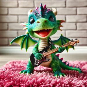 A baby dragon playing the electric guitar on a pink shag carpet.