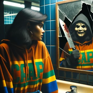 “A girl in a 1980s camp hoodie stares into a cracked mirror insi...