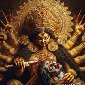 portrait of angry looking goddess durga sitting on a gold crown...