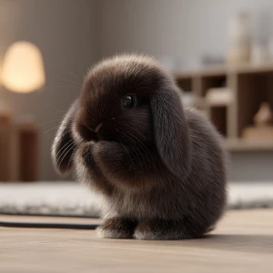 A realistic depiction of a small, fluffy dark brown dwarf rabbit...