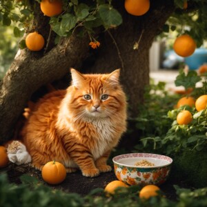 A marmalade and orange cat, chubby and fat, with a round belly a...