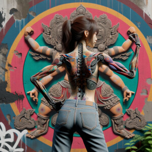 Athletic Thin skinny Attractive, Asian teenage girl, long brown hair and bangs, wearing tight skinny jeans and a halter top paint marks on her clothing, heroic pose Asian graffiti background, backside view