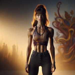 Athletic Thin skinny Attractive, Asian teenage girl, long brown hair and bangs, wearing tight skinny jeans and a halter top paint marks on her clothing, heroic pose Asian graffiti background,  backside view