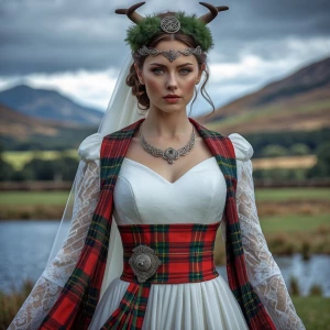 hyper realistic photography, look to the front, a Scottish bride...