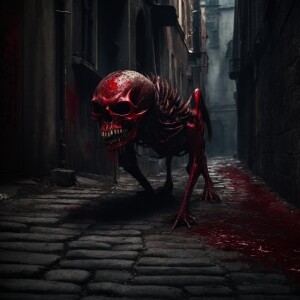" cartoon text says 5k, A grotesque, skeletal / carnage creature...