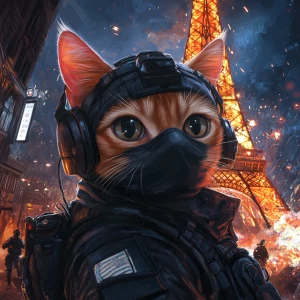 A wide-eyed ginger cat wearing a black tactical balaclava and mi...