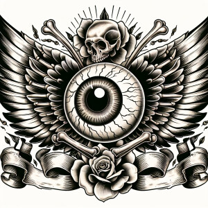 Von dutch flying eyeball with skeltal wings in an old school tat...