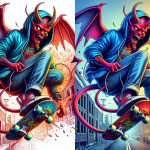 Prompt: The Devil wearing Jeanshose and Hoody, colorful, anthrop...
