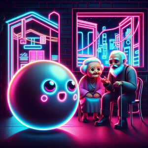 A round bun with eyes and mouth talking to grandma and grandpa
