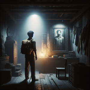 A man with a backpack stands in an old gloomy room in which a cr...