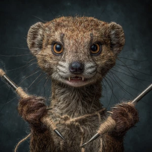 A anthropomorphic mongoose with a wild, crazy smile and intense...
