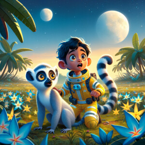 A boy and a blue-furred lemur explore the planet