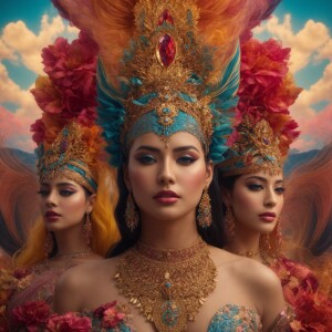"Create a hyper-realistic 3D image of three goddesses personifyi...