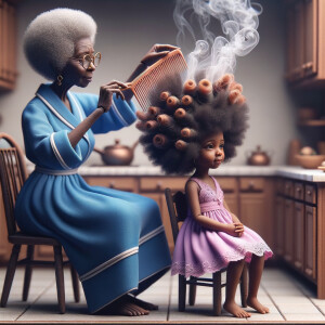 Create a realistic 3-D image of an african-American grandmother wearing a blue house dress. She is in the kitchen with her african-American granddaughter. Her granddaughter is wearing a pink dress The grandmother has a hot comb in her hand and she is straightening her granddaughters hair. One side of her granddaughters hair is in  a Afro the other straight 
There is smoke coming from the hot comb