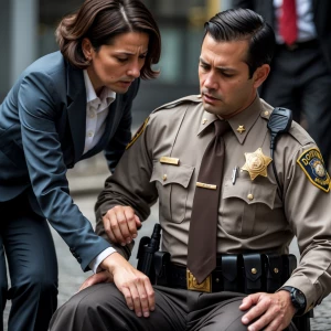 A woman in a formal business suit assists an injured deputy sher...